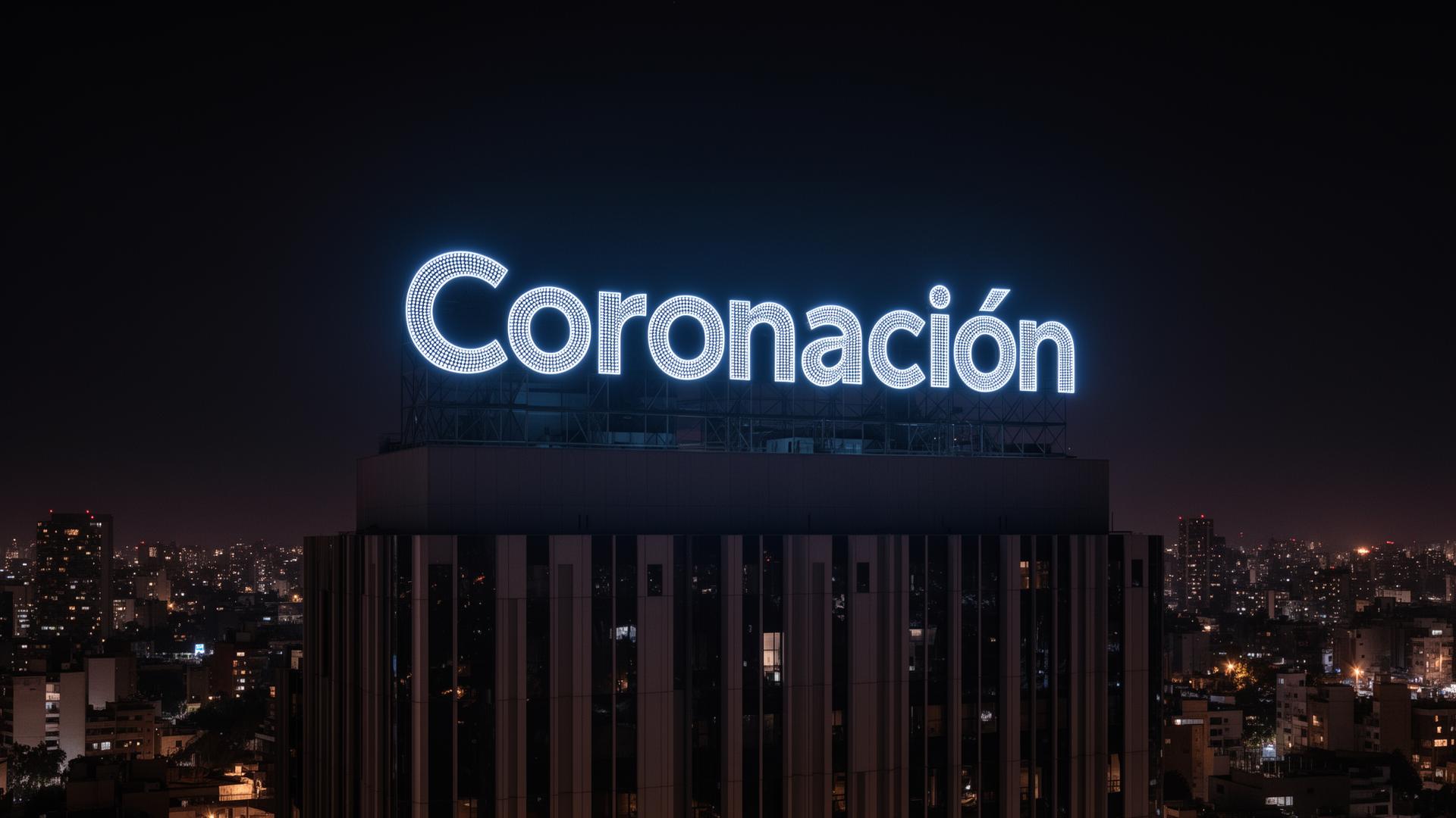 Rótulo de coronación iluminado en edificio
